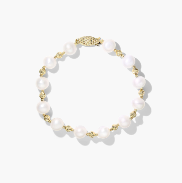 Freshwater Cultured Pearl and Textured Bead Bracelet In 14K Yellow Gold