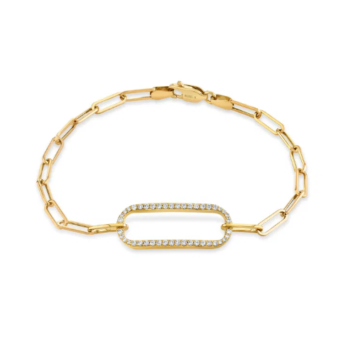 Pave Diamond Link Paperclip Chain Bracelet 14K
