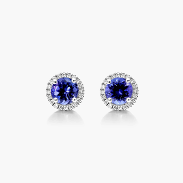 Round Tanzanite And Diamond Halo Earrings In 14K White Gold