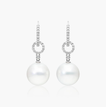 Cultured South Sea Pearl And Diamond Link Drop Earrings In 18K White Gold (11.0-12.0mm)