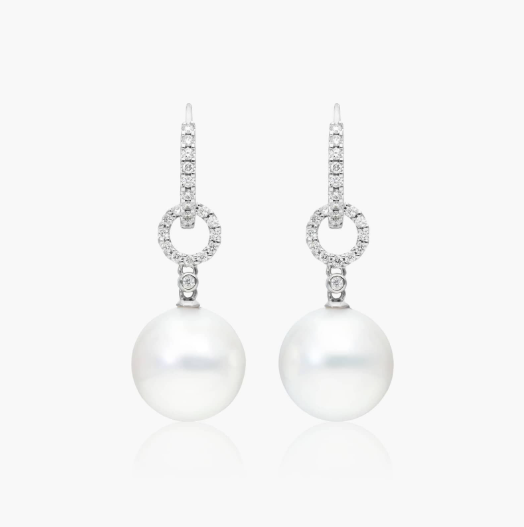 Cultured South Sea Pearl And Diamond Link Drop Earrings In 18K White Gold (11.0-12.0mm)