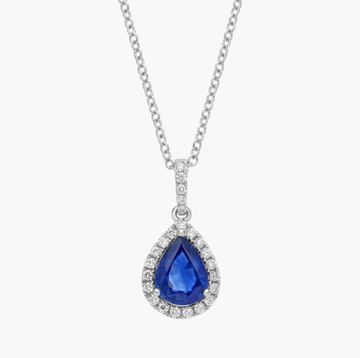 Sapphire Pear Shape Halo Drop Pendant in 14k White Gold (8x6mm)