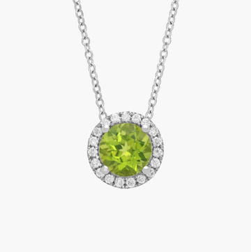Peridot and Diamond Halo Pendant in 14k White Gold (7mm)