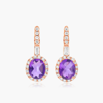 Petite Amethyst And Diamond Halo Drop Earrings In 14K Rose Gold
