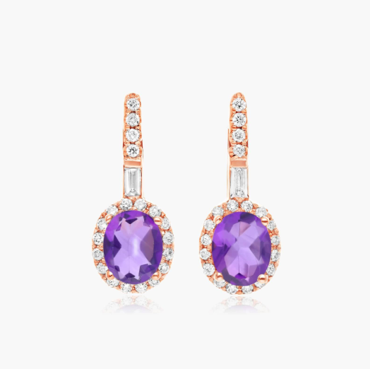 Petite Amethyst And Diamond Halo Drop Earrings In 14K Rose Gold