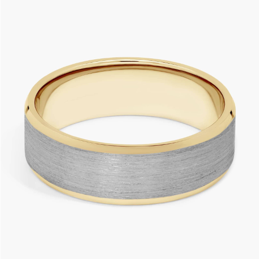 Brushed Beveled Edge Wedding Ring in 14k White and Yellow Gold (7mm)