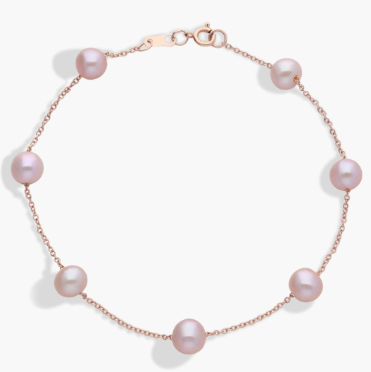Pink Freshwater Cultured Pearl Tin Cup Stationed Bracelet in 14k Rose Gold (5.5mm)