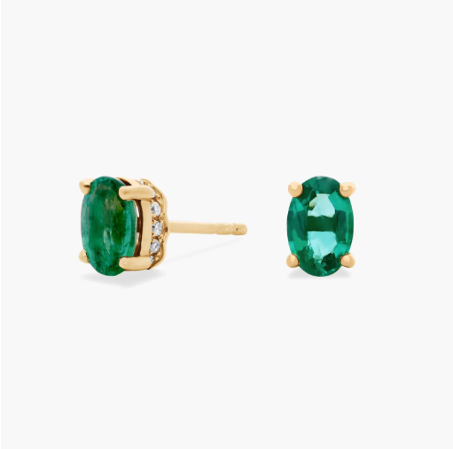 Oval Emerald and Diamond Earrings in 14k Yellow Gold (6x4mm)