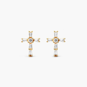 Moderne Cross Diamond Stud Earrings In 14K Yellow Gold