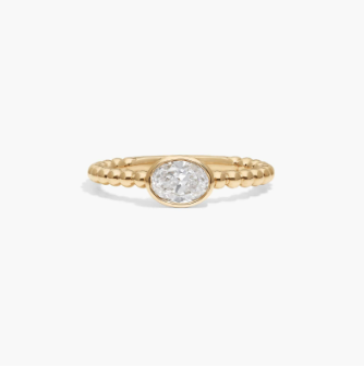 East-West Bezel Beaded Ring With 0.5 CTW Oval Cut Lab-Grown Diamond in 14K Yellow