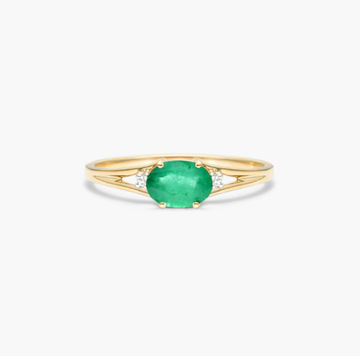 Oval Emerald And Diamond Accent Birthstone Ring In 14K Yellow Gold