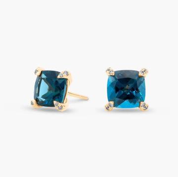Cushion Cut Blue Topaz and Diamond Accent Earrings in 14k Yellow Gold (7mm)