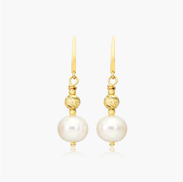 Cultured Freshwater Pearl And Textured Bead Earrings In 14K Yellow Gold (7.5-8.0mm)