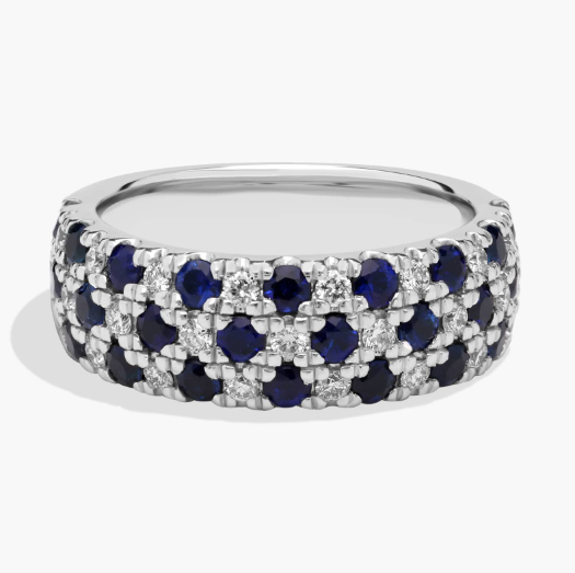 Alternating Sapphire and Diamond Triple Row Ring in 14k White Gold