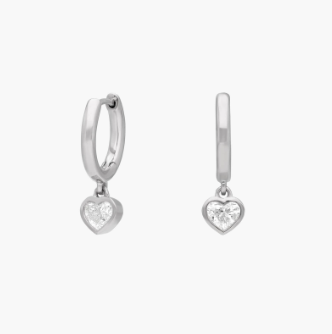 Heart Diamond Bezel Drop Huggie Earrings in 14K White Gold