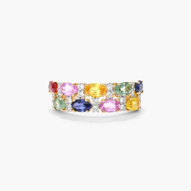 14K Yellow Gold Multi Sapphire Double Row Ring