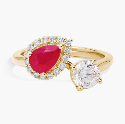 Ruby and Diamond Two Stone Toi Et Moi Ring in 14k Yellow Gold