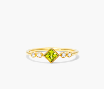 Dainty Peridot Bezel Diamond Ring In 14K Yellow Gold by Brevani