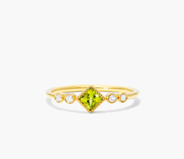 Dainty Peridot Bezel Diamond Ring In 14K Yellow Gold by Brevani