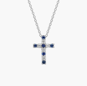 Sapphire and Diamond Tessere Cross Pendant in 14k White Gold (1.7mm)