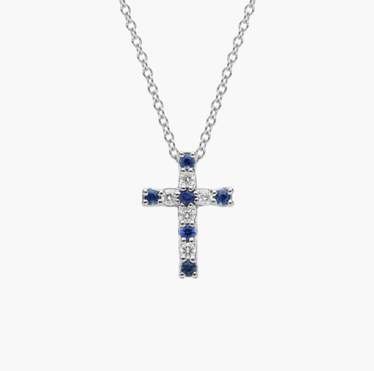 Sapphire and Diamond Tessere Cross Pendant in 14k White Gold (1.7mm)