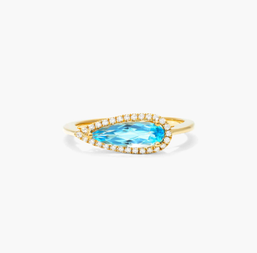 Teardrop Blue Topaz And Diamond Halo Ring In 14K Yellow Gold