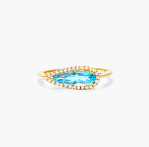 Teardrop Blue Topaz And Diamond Halo Ring In 14K Yellow Gold