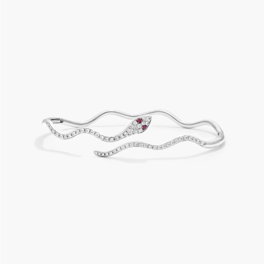 Snake Motif Diamond and Ruby Bracelet In 14K White Gold
