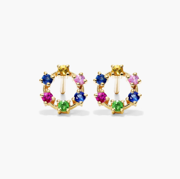 Rainbow Sapphire Circle Stud Earrings In 14K Yellow Gold
