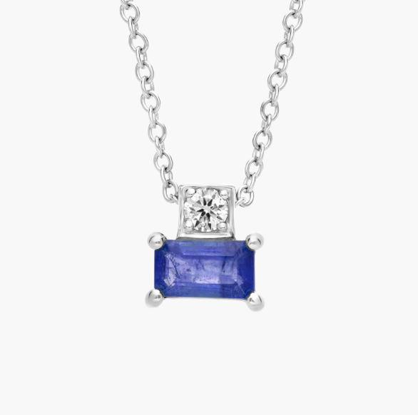 Blue Sapphire and Diamond Solitaire Pendant in 14k White Gold