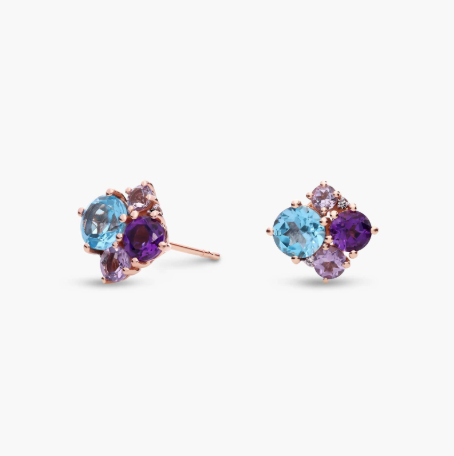 Amethyst and Blue Topaz Cluster Stud Earrings with Diamond Accents in 14k Rose Gold