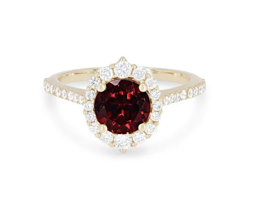 Garnet and Graduated Diamond Halo Ring 14K