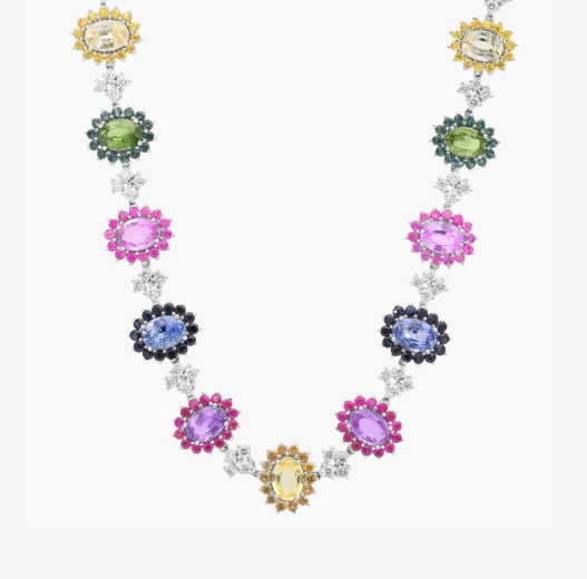 Multicolor Sapphire And Diamond Necklace In 14K White Gold