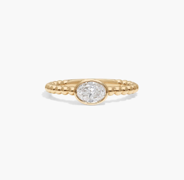 East-West Bezel Beaded Ring With 0.5 CTW Oval Cut Lab-Grown Diamond in 14K Yellow Gold