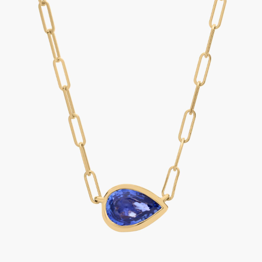 East-West Pear-Shaped Sapphire Paperclip Necklace in 14K Yellow Gold