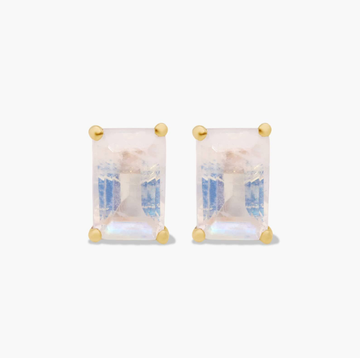 Emerald Cut Rainbow Moonstone Birthstone Stud Earrings In 14K Yellow Gold