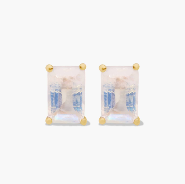 Emerald Cut Rainbow Moonstone Birthstone Stud Earrings In 14K Yellow Gold