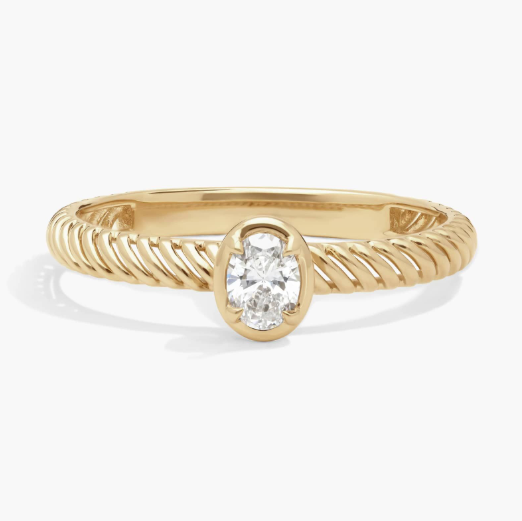 Diamond Solitaire Rope Ring with 0.2 CTW Oval Cut Lab-Grown Diamond in 14K Yellow Gold