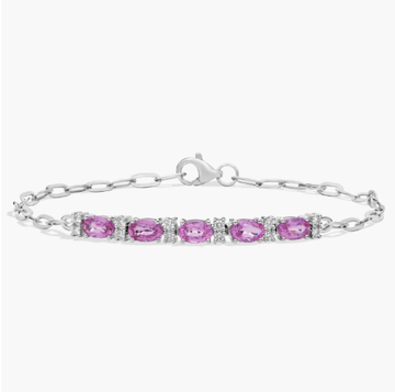 Diamond and Pink Sapphire Paperclip Bracelet in 14K White Gold