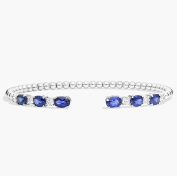 Alternating Diamond and Blue Sapphire Open Cuff Bracelet in 14K White Gold