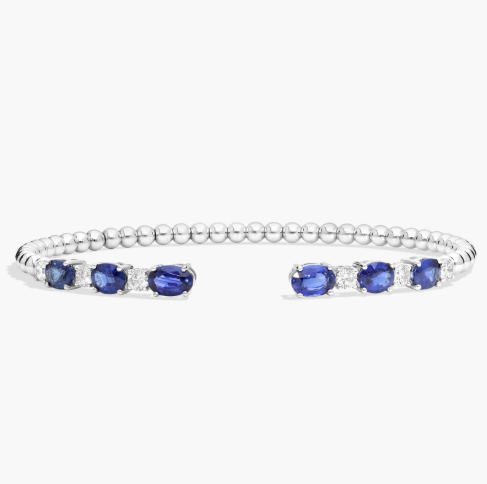 Alternating Diamond and Blue Sapphire Open Cuff Bracelet in 14K White Gold