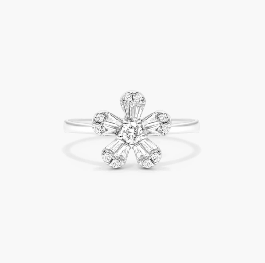 Baguette And Round Diamond Flower Ring In 14K White Gold