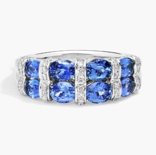 East-West Double Row Oval Cut Blue Sapphire and Pavé Diamond Ring In 14K White Gold (7.55mm)