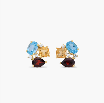 Radiant Reflections Citrine, Blue Topaz, Garnet, And White Topaz Earrings In 14K Yellow Gold