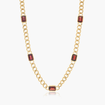 14K Yellow Gold Radiant Reflections Emerald Cut Garnet Curb Chain Necklace