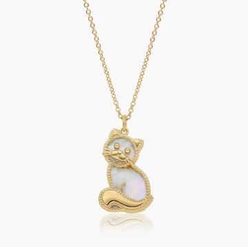 14K Yellow Gold Reversible Kitty Shaped Mother of Pearl Pendant Necklace