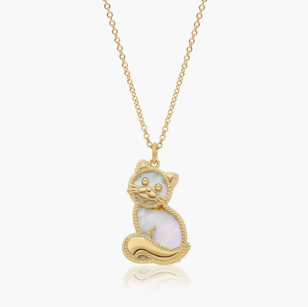 14K Yellow Gold Reversible Kitty Shaped Mother of Pearl Pendant Necklace