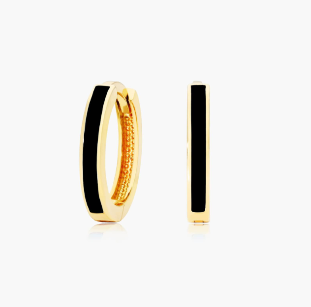 Black Enamel Huggie Hoop Earrings In 14K Yellow Gold