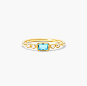 Dainty Blue Topaz Bezel Diamond Ring In 14K Yellow Gold