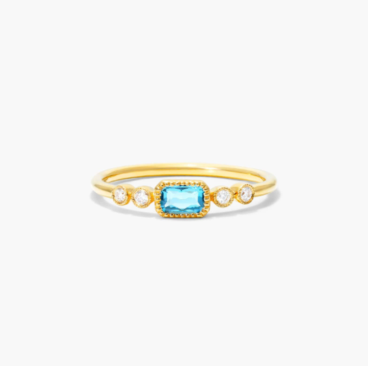 Dainty Blue Topaz Bezel Diamond Ring In 14K Yellow Gold